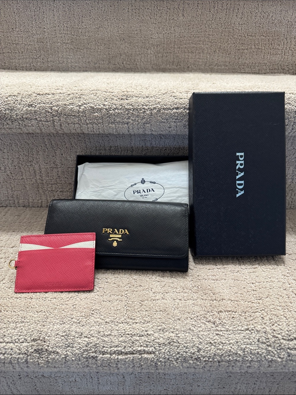 Prada Black and Pink Saffiano Leather Wallet with Pink ID Card Holder